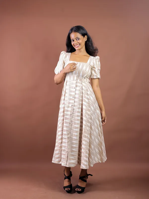 Beige_Printed_Puff_Sleeve_Midi_Dress_for_Women