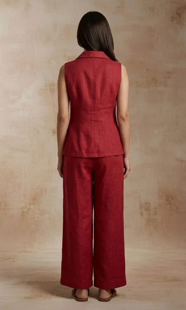 Red_Textured_Sleeveless_Peplum_Top_And_Wide_Leg_Pants_Set_For_Women