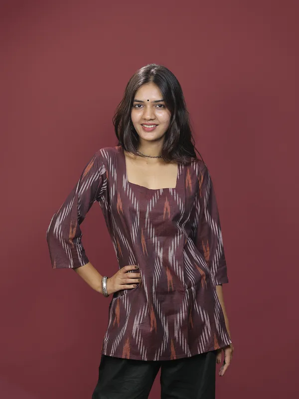 Maroon_Ikkat_Cotton_Short_Kurti