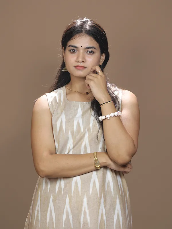 Mitti_Muse_–_Beige_Ikkat_Cotton_Dress_|_Anukauseya