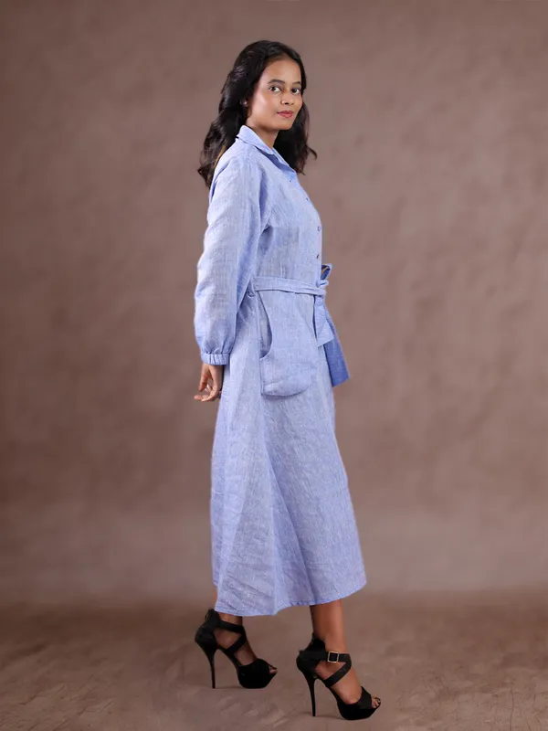 Blue_Textured_Belted_Midi_Shirt_Dress_for_Women