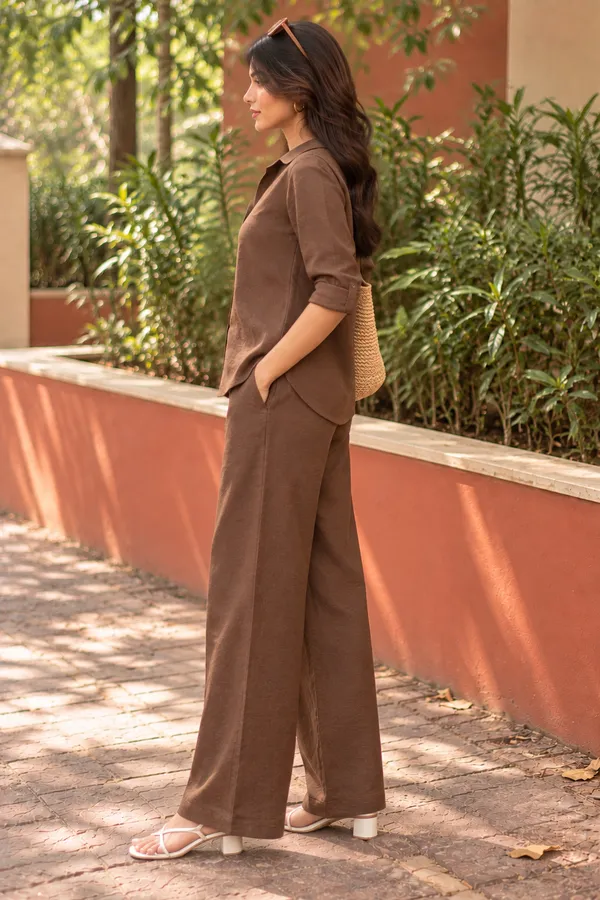 Brown_Relaxed_Fit_Shirt_And_Wide_Leg_Pants_Set_for_Women