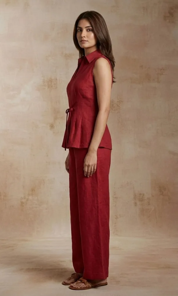 Red_Textured_Sleeveless_Peplum_Top_And_Wide_Leg_Pants_Set_For_Women