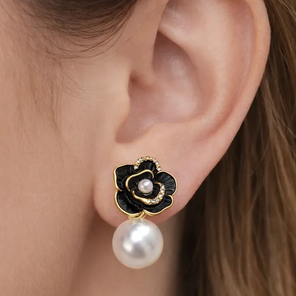 Black_Floral_Pearl_Drop_Earrings_For_Women
