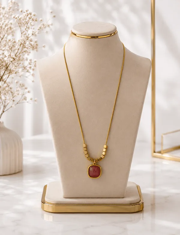 Gold_Pink_Alloy_Square_Stone_Beaded_Pendant_Necklace_For_Women