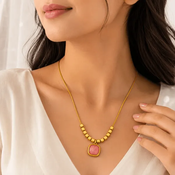Gold_Pink_Alloy_Square_Stone_Beaded_Pendant_Necklace_For_Women