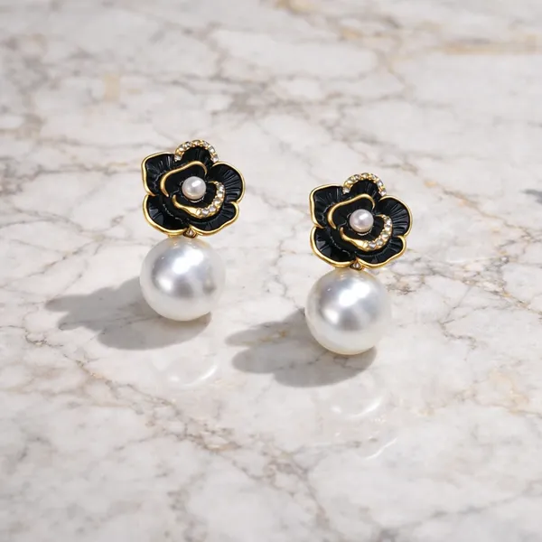 Black_Floral_Pearl_Drop_Earrings_For_Women