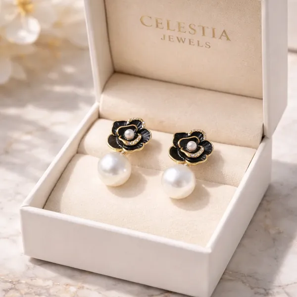 Black_Floral_Pearl_Drop_Earrings_For_Women