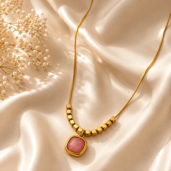 Gold_Pink_Alloy_Square_Stone_Beaded_Pendant_Necklace_For_Women