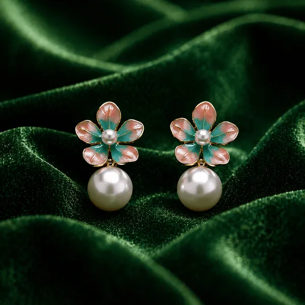 Gold_Alloy_Enamel_Floral_Pearl_Drop_Earrings_For_Women