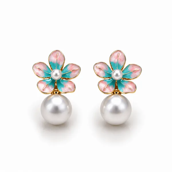Gold_Alloy_Enamel_Floral_Pearl_Drop_Earrings_For_Women