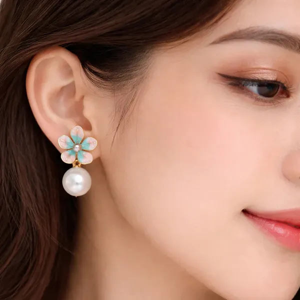 Gold_Alloy_Enamel_Floral_Pearl_Drop_Earrings_For_Women