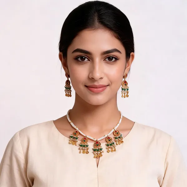 Gold_Brass_Traditional_Green_Red_Stone_Necklace_Set_For_Women