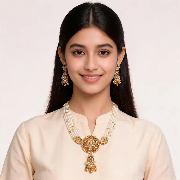 Gold_Brass_White_Beaded_Traditional_Necklace_Earrings_Set_For_Women
