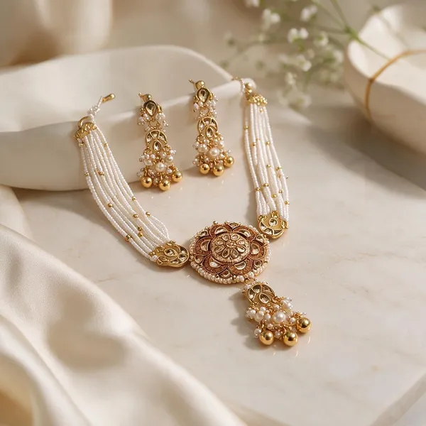 Gold_Brass_White_Beaded_Traditional_Necklace_Earrings_Set_For_Women