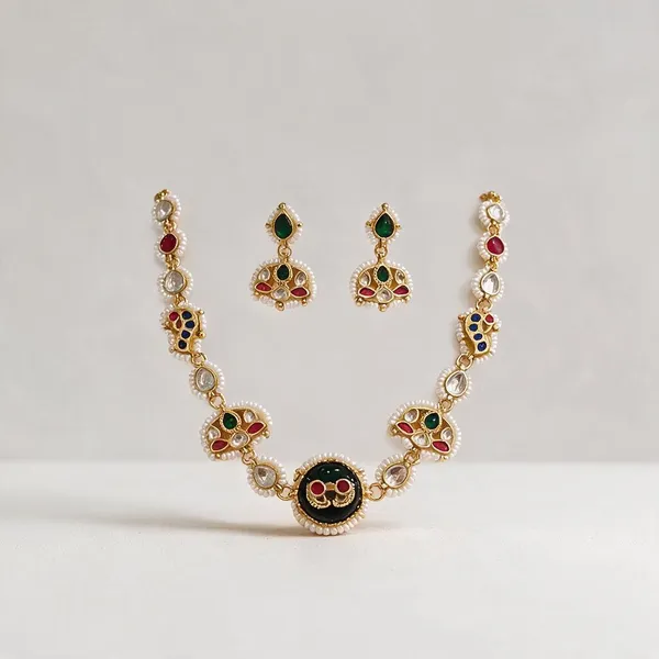 Gold_Brass_Red_Green_Black_Stone_Traditional_Necklace_Set_For_Women