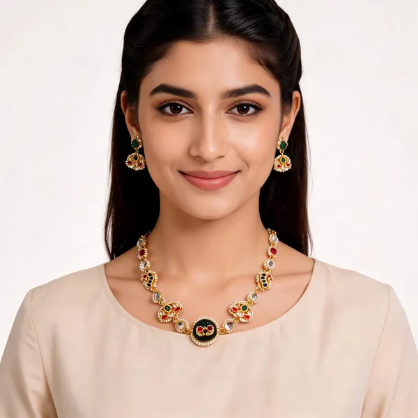 Gold_Brass_Red_Green_Black_Stone_Traditional_Necklace_Set_For_Women