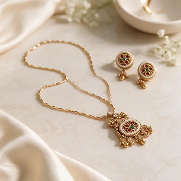Gold_Brass_Traditional_Pendant_Necklace_And_Earrings_Set_For_Women