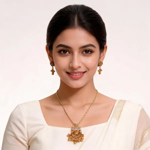 Gold_Brass_Floral_Ornate_Necklace_And_Earrings_Set_For_Women