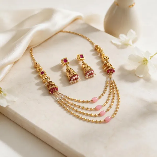 Gold_Brass_Pink_Stone_Layered_Traditional_Necklace_Set_For_Women