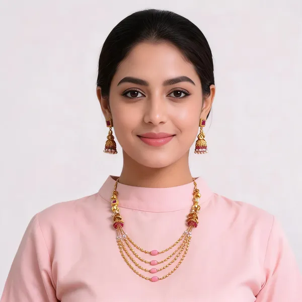 Gold_Brass_Pink_Stone_Layered_Traditional_Necklace_Set_For_Women