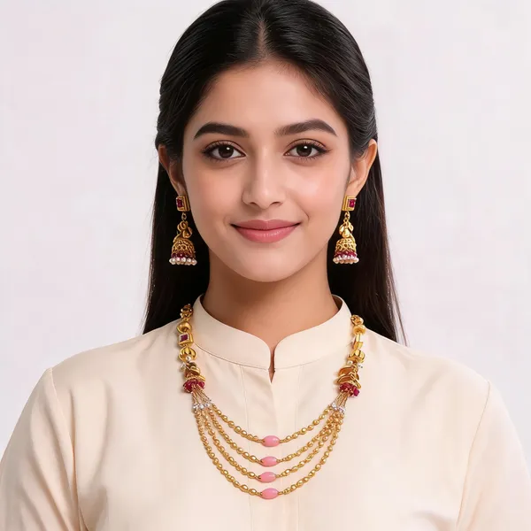 Gold_Brass_Pink_Stone_Layered_Traditional_Necklace_Set_For_Women