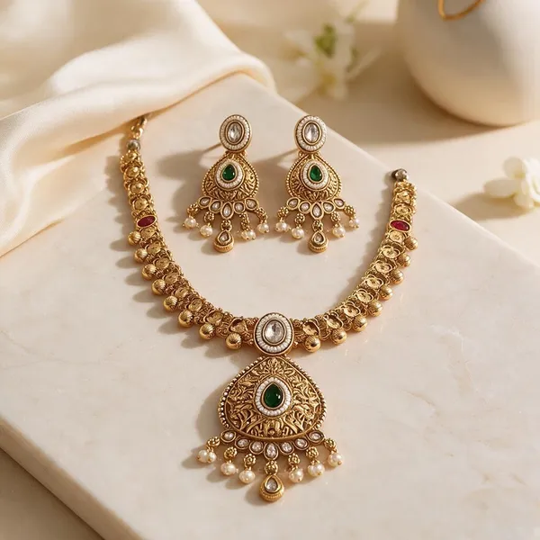 Gold_Brass_Green_Teardrop_Stone_Necklace_And_Earrings_Set_For_Women