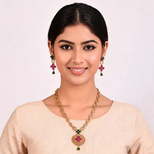 Gold_Brass_Floral_Pink_Green_Stone_Necklace_And_Earrings_Set_For_Women