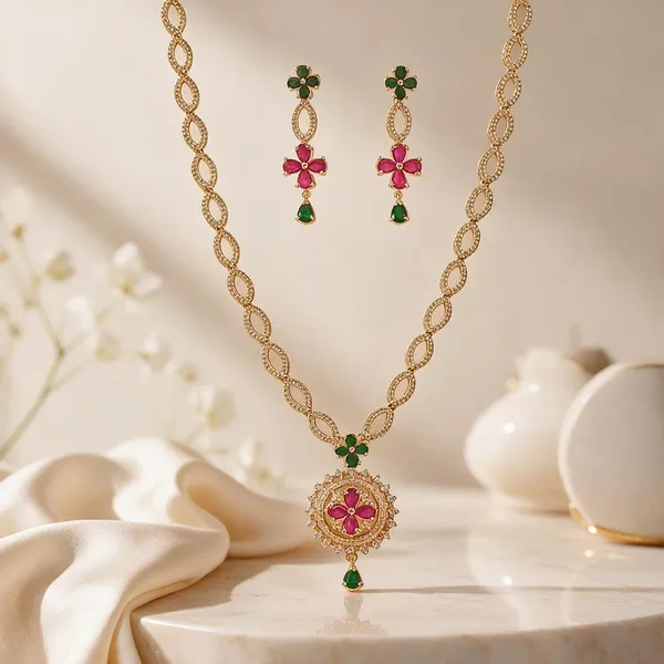 Gold_Brass_Floral_Pink_Green_Stone_Necklace_And_Earrings_Set_For_Women