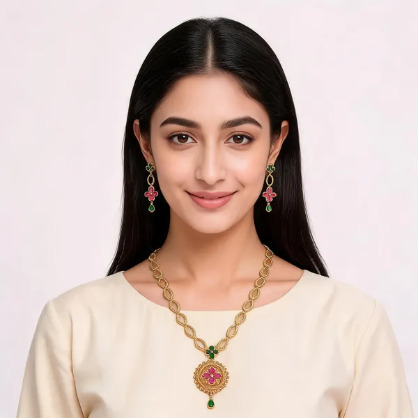 Gold_Brass_Floral_Pink_Green_Stone_Necklace_And_Earrings_Set_For_Women