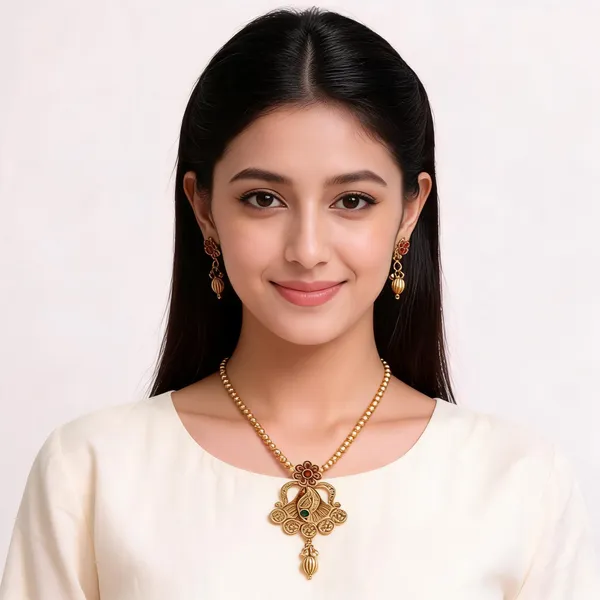 Gold_Brass_Floral_Beaded_Pendant_Necklace_And_Earrings_Set_For_Women