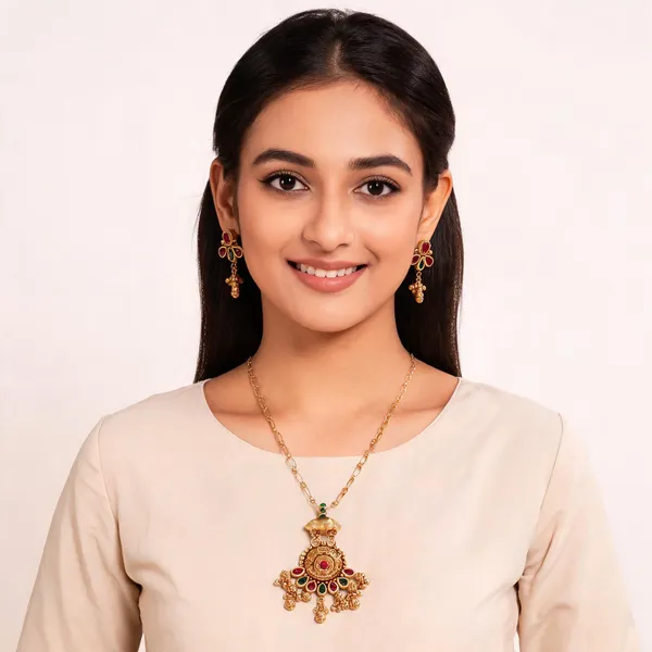 Gold_Brass_Floral_Traditional_Pendant_Necklace_And_Earrings_Set_For_Women