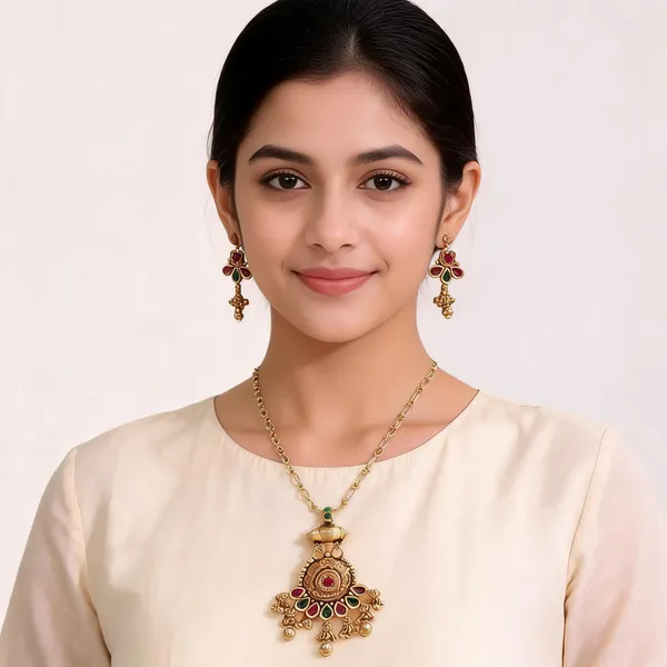 Gold_Brass_Floral_Traditional_Pendant_Necklace_And_Earrings_Set_For_Women