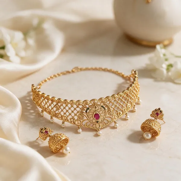 Gold_Brass_Lattice_Pink_Accent_Necklace_And_Earrings_Set_For_Women