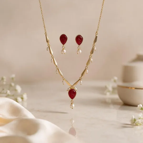 Gold_Brass_Red_Teardrop_Stone_Necklace_And_Earrings_Set_For_Women