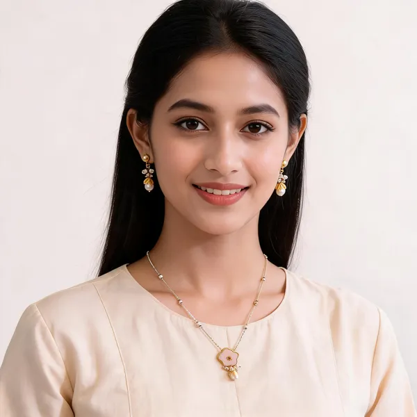 Gold_Brass_Bead_Accent_Delicate_Necklace_And_Earrings_Set_For_Women