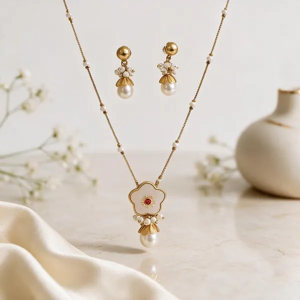 Gold_Brass_Bead_Accent_Delicate_Necklace_And_Earrings_Set_For_Women