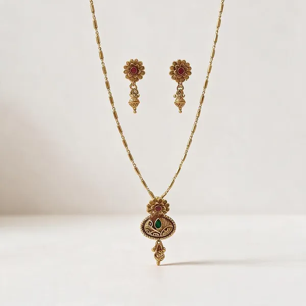 Gold_Brass_Green_Accent_Pendant_Necklace_And_Earrings_Set_For_Women