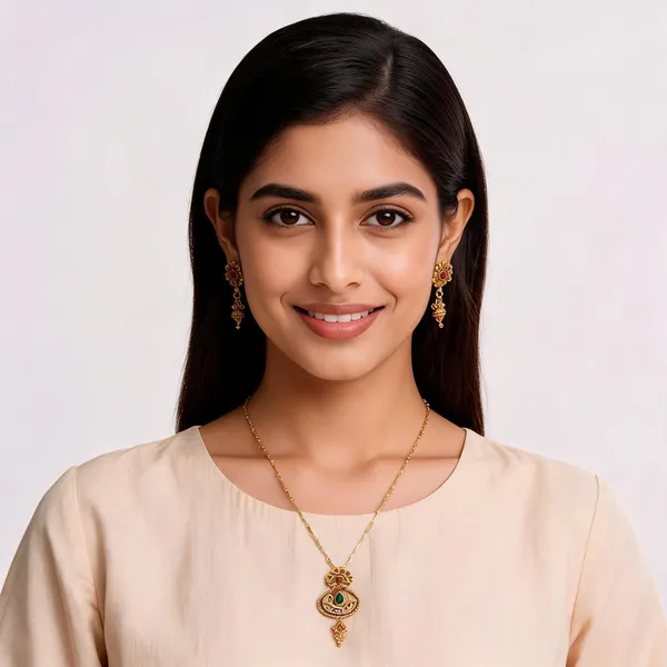 Gold_Brass_Green_Accent_Pendant_Necklace_And_Earrings_Set_For_Women