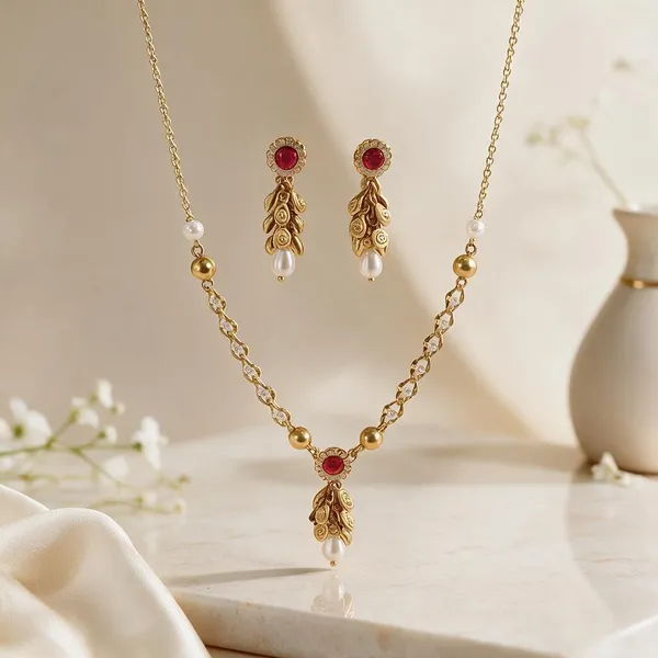 Gold_Brass_Red_Stone_Leaf_Necklace_And_Earrings_Set_For_Women