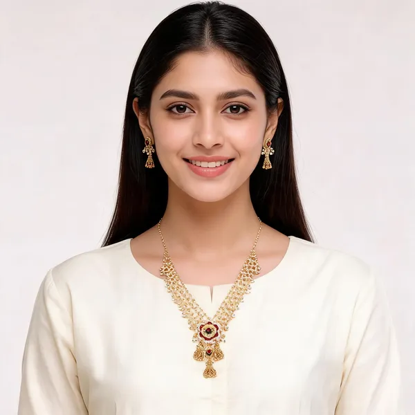 Gold_Brass_Layered_Floral_Necklace_And_Earrings_Set_For_Women
