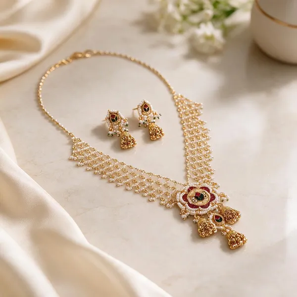 Gold_Brass_Layered_Floral_Necklace_And_Earrings_Set_For_Women
