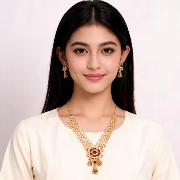 Gold_Brass_Layered_Floral_Necklace_And_Earrings_Set_For_Women