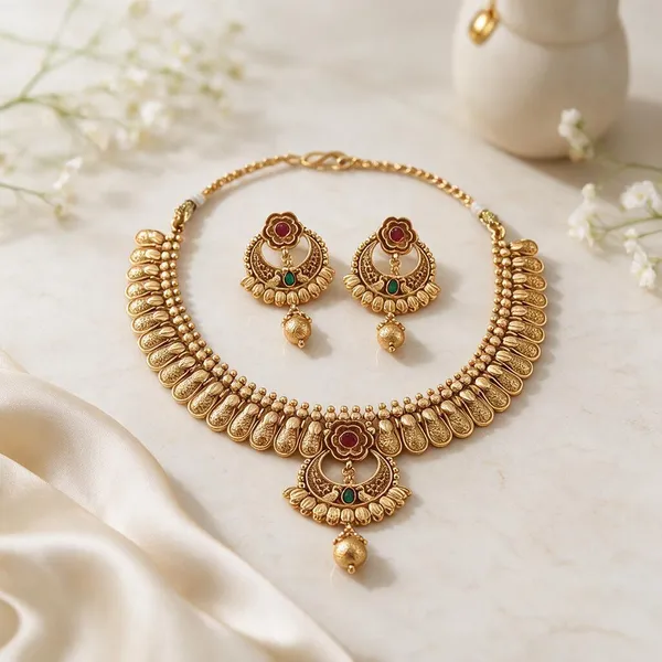 Gold_Brass_Traditional_Layered_Necklace_And_Earrings_Set_For_Women