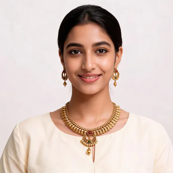 Gold_Brass_Traditional_Layered_Necklace_And_Earrings_Set_For_Women