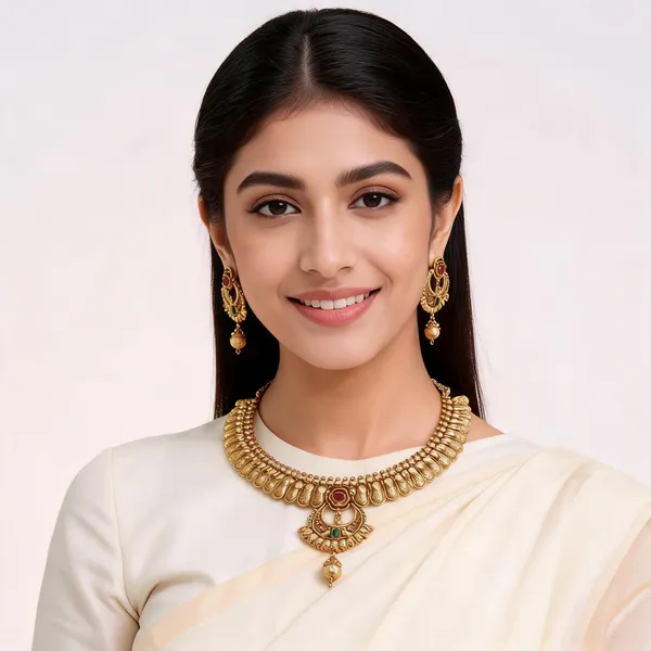 Gold_Brass_Traditional_Layered_Necklace_And_Earrings_Set_For_Women