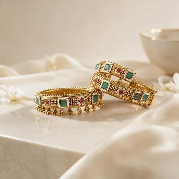 Gold_Brass_Green_Pink_Stone_Antique_Kangan_Bangle_Set_For_Women