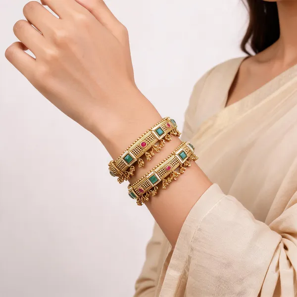 Gold_Brass_Green_Pink_Stone_Antique_Kangan_Bangle_Set_For_Women