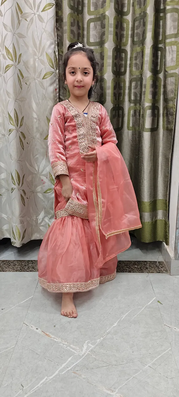 Peach_Satin_Silk_Embroidered_Gharara_Set_For_Kids