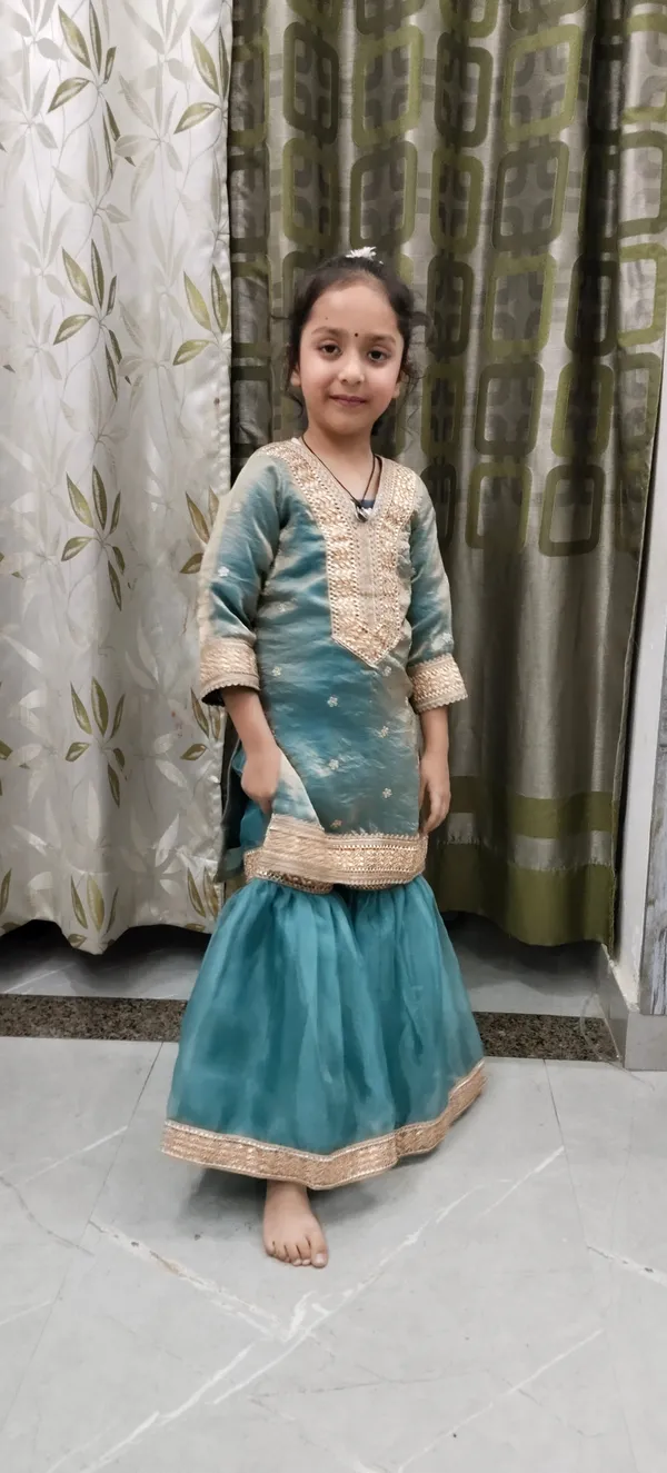 Sea_Blue_Satin_Silk_Embroidered_Gharara_Set_For_Kids